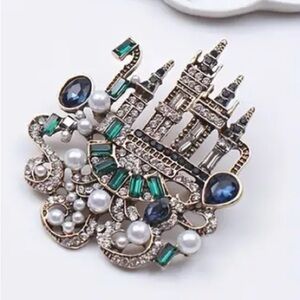 Pearls, Rhinestones Large Vintage, Gothic, Castle, Fairytale Brooch, Lapel Pin